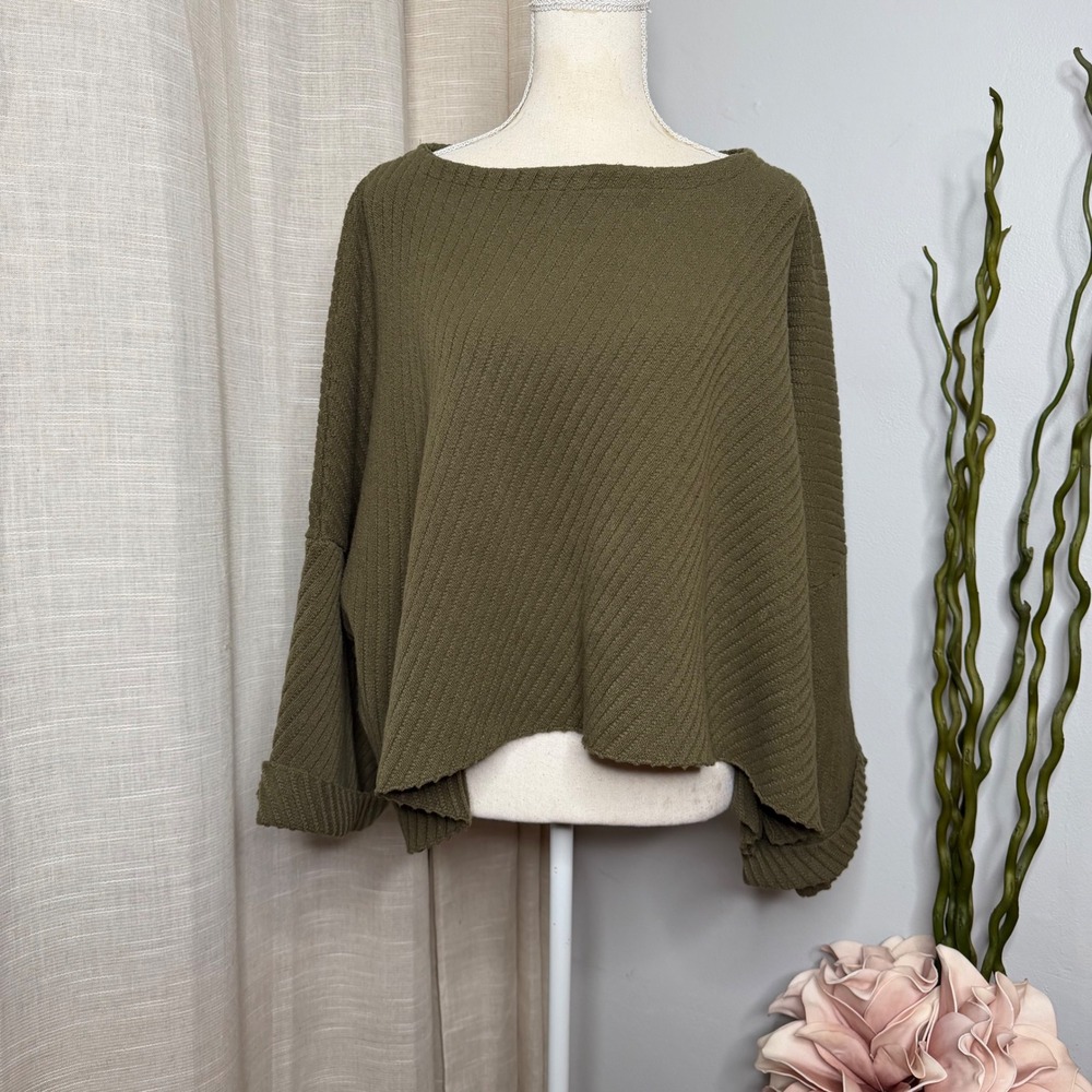 Free People I Can't Wait Cropped Ribbed Dolman Sweater Green Women's Size Small‎